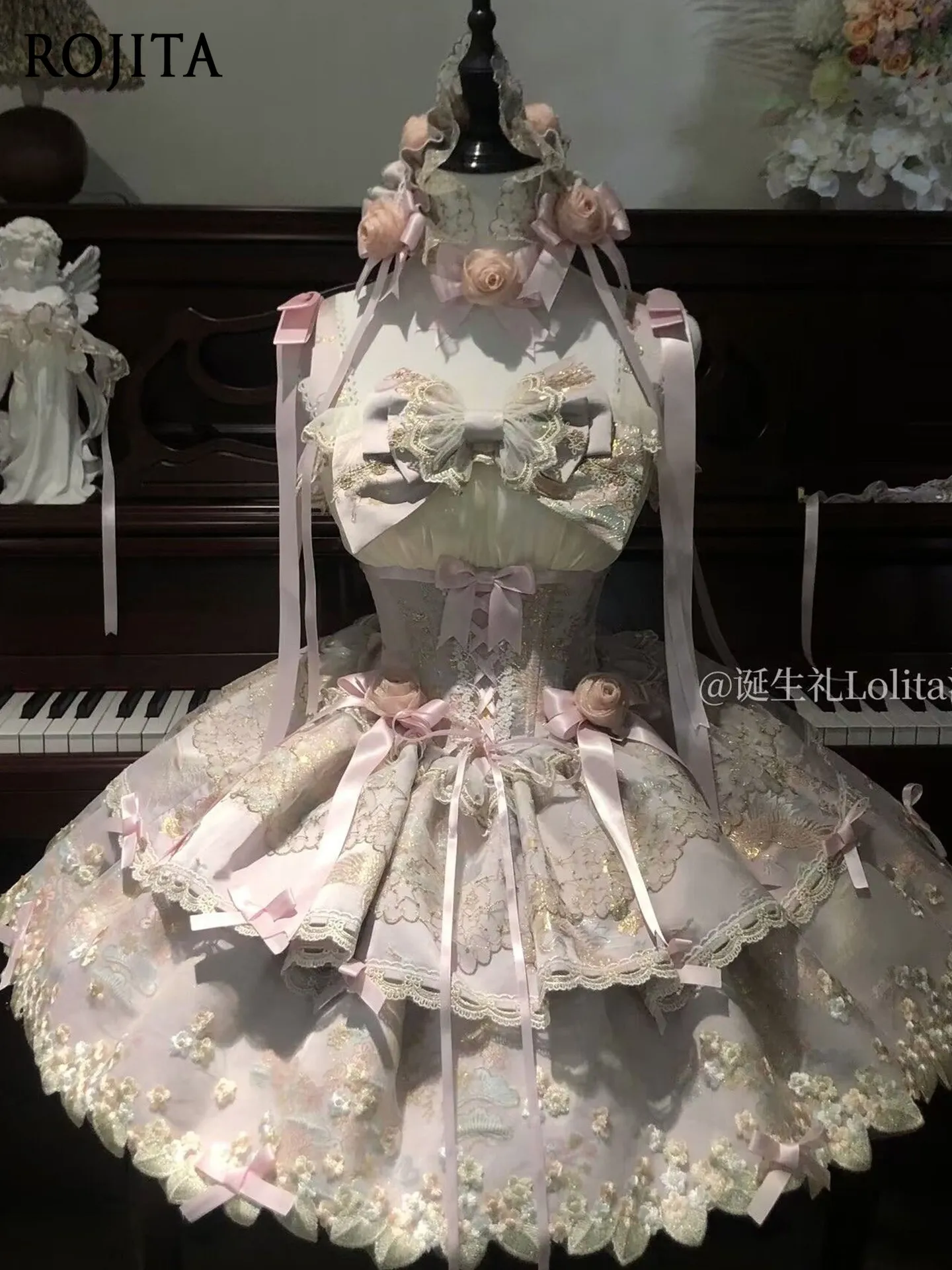 

Pink Lolita Dress JSK Ballet Style Daily Sweet Dress Soft Girl Bow Lolita Gown Pink JSK + Hairband + Sleeves + Neck Accessory