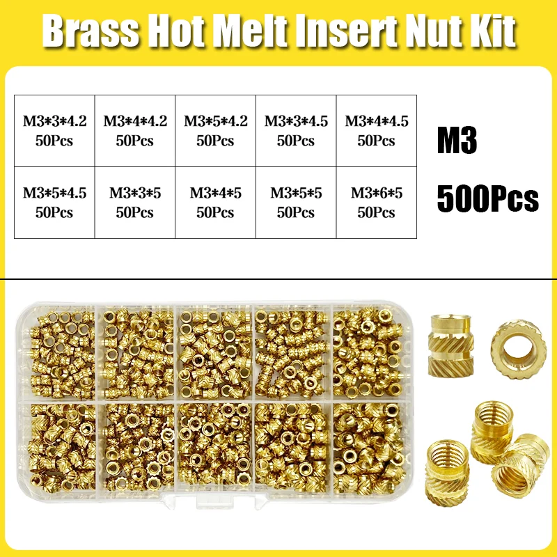 Messing-Einsatzmutter-Set mit Gewinde M2 M2,5 M3 M4 M5 M6 M8 Hot Melt Heat Rändel Embed Injection Kupfer-Einsatzmutter für 3D-Druck-Kunststoff