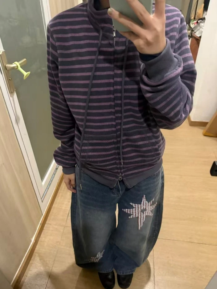 Sudadera de punto vintage americana de los años 90 para mujer, estilo Y2K Harajuku, con rayas y cuadros, forro polar, cremallera, capucha, cárdigan, estilo grunge, para uso diario y urbano.