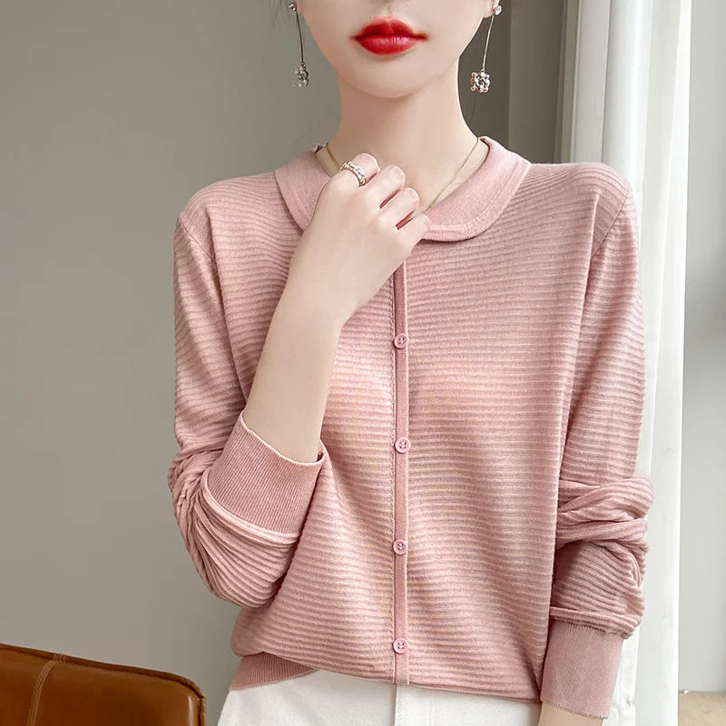 

Spring And Autumn New Worsted Wool Thin Knit Cardigan Doll Collar Coat Solid Color Loose Wild Top Sweater