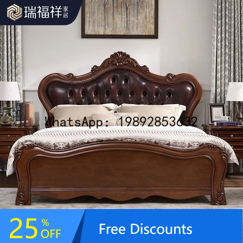 

LYY Peach Core Wood American Style Upholstered Bed 1.8m Solid Wood Master Bedroom Double Wedding Bed
