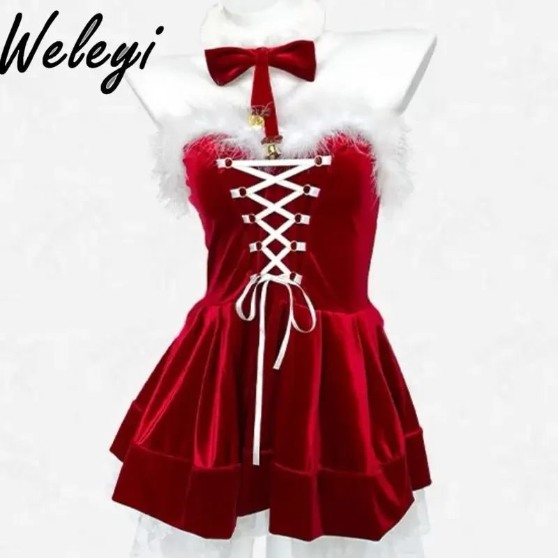 New Year Red Christmas Bandage Dress with Sleeves for Women Party Sexy Winter Women's Velvet Tube Top Dresses with Neck Ring