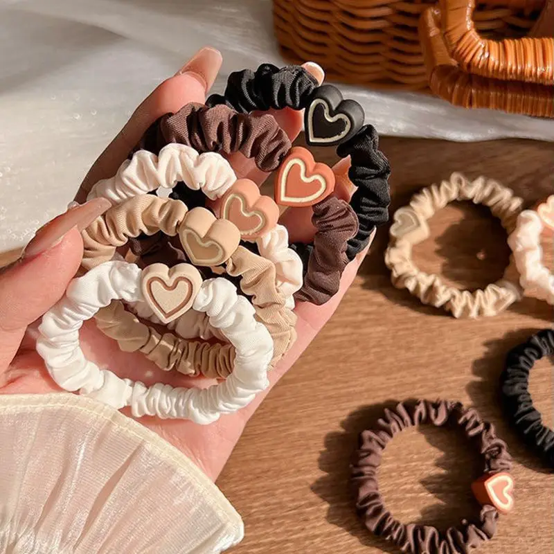 5pcs Love Heart Elastic Hairband Hair Tie Band For Girls Women Rubber Scrunchies Cute Kid Hair Accessories Beaded Hair Rope Rim