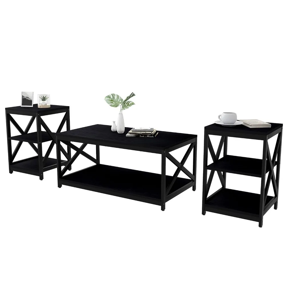 Wohnzimmer-Couchtisch-Set mit 3 Stück, industrieller Couchtisch im X-Design und 2 Beistelltischen, 3-teiliges Wohnzimmer-Tisch-Set