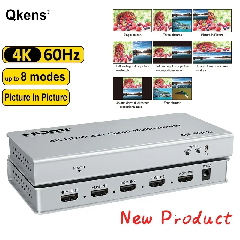 4K 60Hz 4x1 HDMI Multi-viewer 4 in 1 keluar HDMI Quad Multi-viewer layar mulus mendukung 8 Mode Display PIP 90 derajat Flip