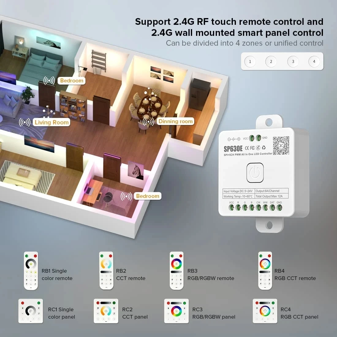 Controlador LED SP630E todo en uno, 5 CANALES, PWM, píxeles SPI, tira de luz LED WS2812B, WS2811, SK6812, FCOB 5050, RGB, RGBW, CCT, música, BT,