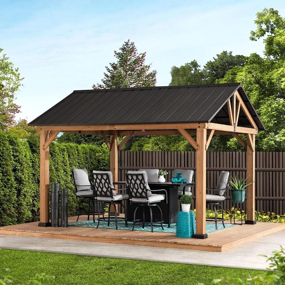 

Wood Gazebo 11 x 13 ft. Outdoor Patio Premium Cedar Frame Gazebos with Matte Black Steel Gable Hardtop Roof for Garden, Shade