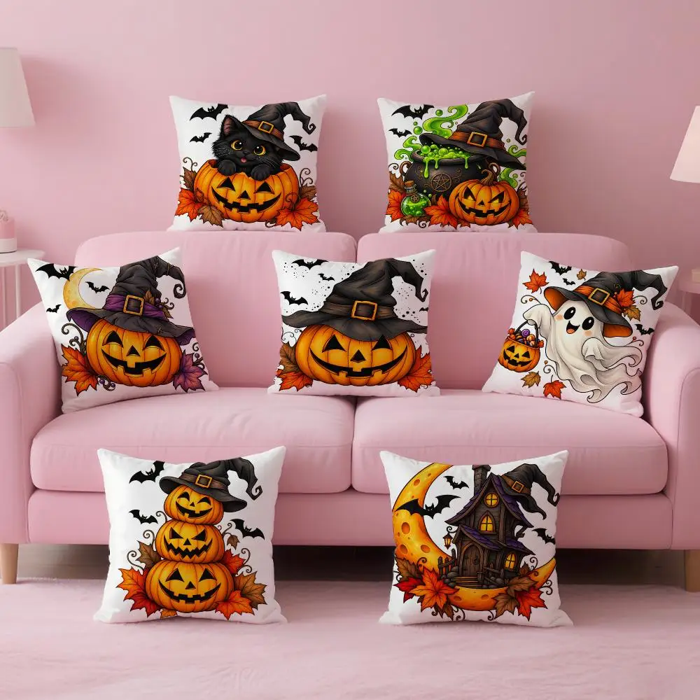Cartoon Witch Pumpkin Halloween Cushion Cover Comfortable Double Sided Pillow Cover For Car Sofa Bedroom & More