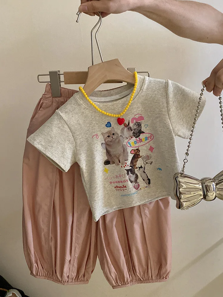 Ropa de verano para niña pequeña, camiseta divertida de dibujos animados, Top, pantalones informales a juego, traje de dos piezas, moda, novedad de 2024