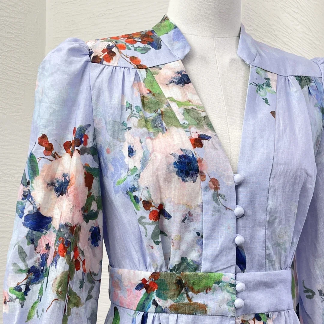 2025 New Fashion Blue Floral Print Long Sleeve Empire Midi Dress