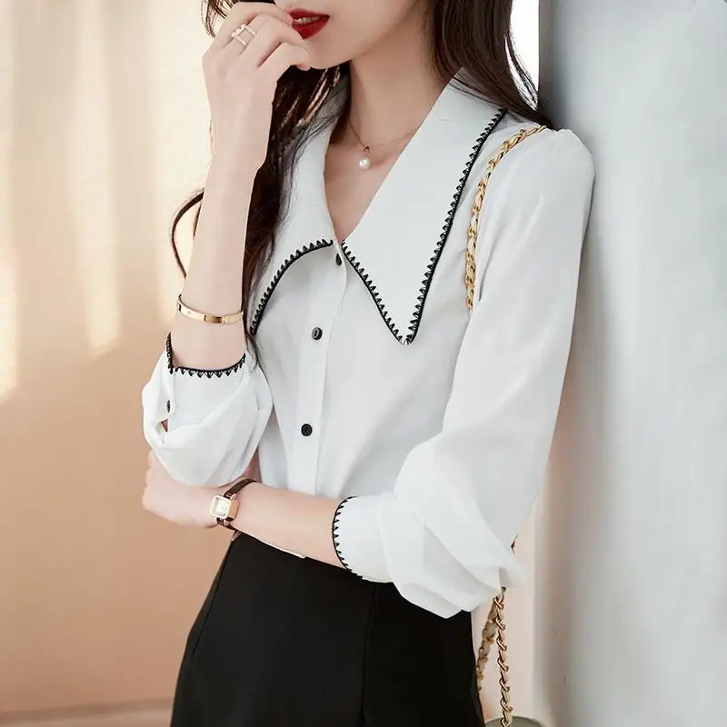 Spring Autumn New Doll Collar Long Sleeve Fashion Shirt Women High Street Casual Loose Button Cardigan Elegant All-match Tops