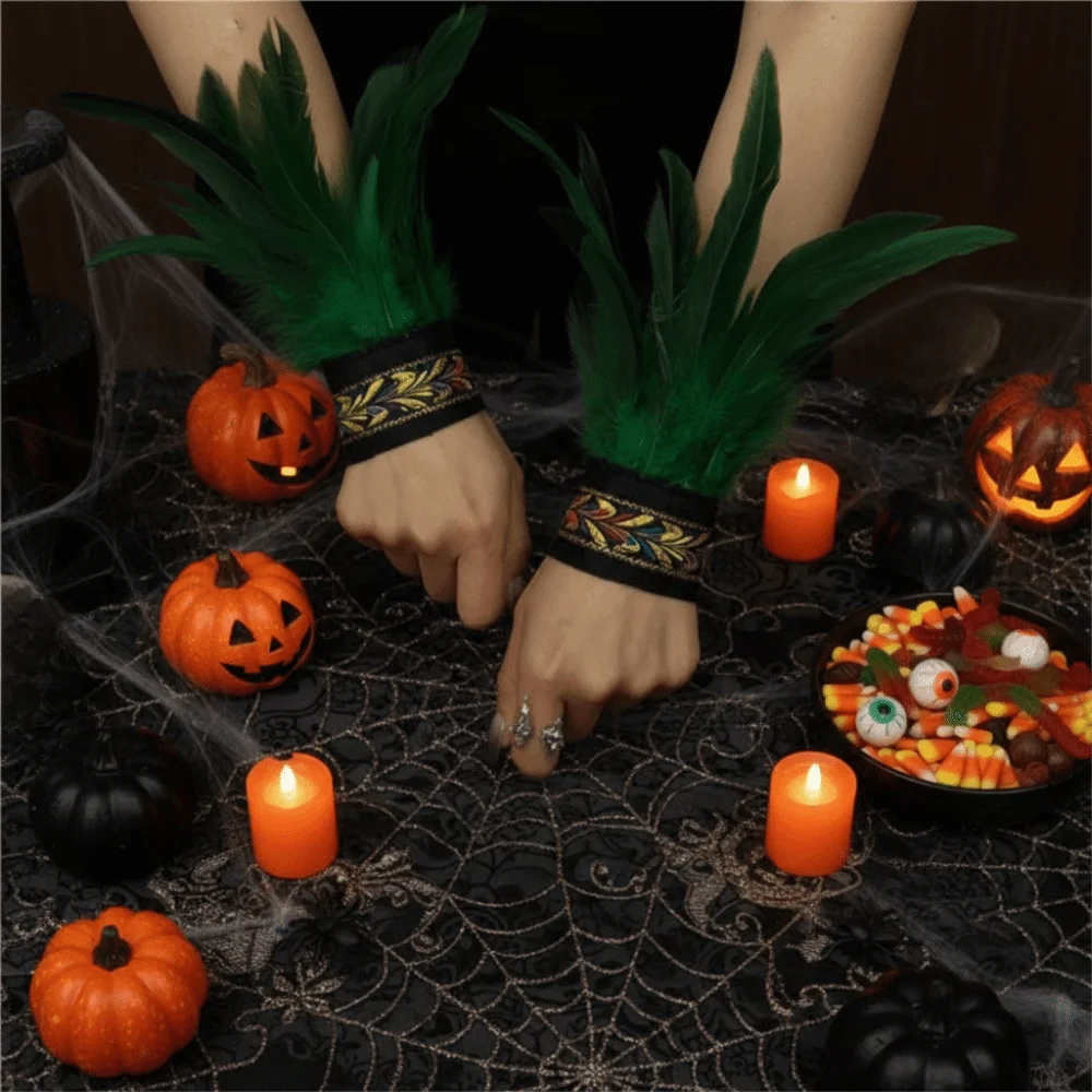 1 Piar Gothic Halloween Carnival Feather Wrist Cuff Adjustable Straps Embroidered Band Fluffy Feather Gloves Cuff Unisex