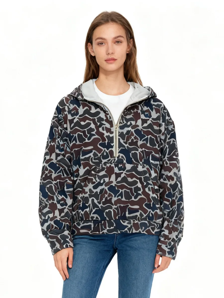 Felpa con cappuccio mimetica ampia Y2k Pullover con zip a un quarto Felpa con mezza zip con maniche Tasche Felpe con cappuccio mimetiche