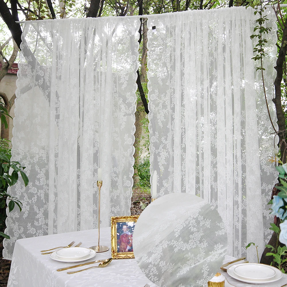 Outdoor White Curtain Panels Patio Screening Door Curtains for Living Room Floral Sheer Lace Curtains Rod Pocket Window Drapes