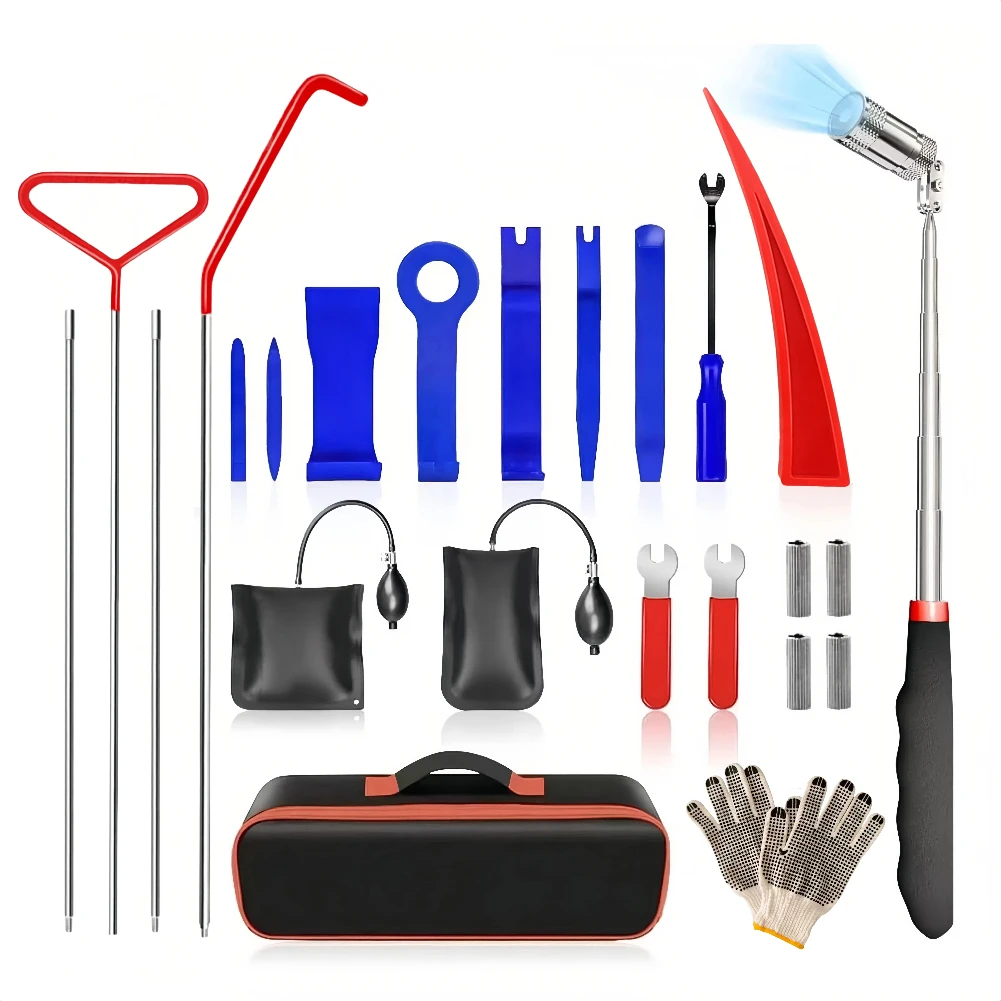 

26PCS Car Door Tool Kit Air Wedge Pump Emergency Car Open Unlock Tool Auto Window Door Open Fixing Gripper Tools Long Reach Grabber Hooking Key Lost Hand Tools With Carrying Bag