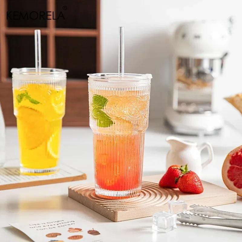 1/2PCS 600ML Floral Glass Tumblers Coffee Cup With Lid and Straw Transparent Drinking Glasses for Juice Coffee Mugs Drinkware