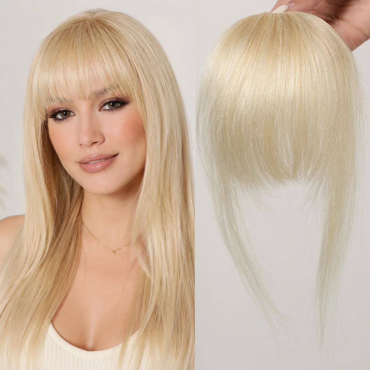 100% Human Hair Platinum Blonde Straight Bangs Upgraded 3D Air Wispy Fringe with Sideburns Clip in Hair Extensions for Women