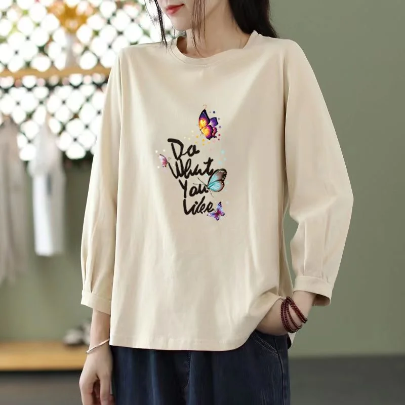 Nine-quarter Sleeve Printed T-shirt Women's New Spring and Autumn Loose Round Neck Top