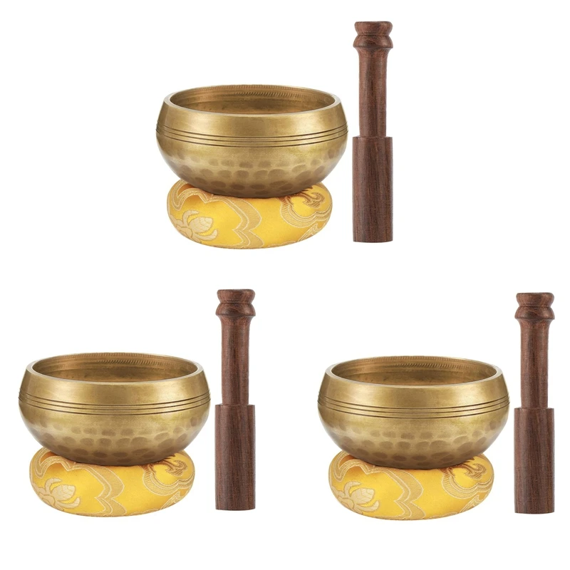 Hot Selling-3Pcs 3.2 Inch Tibetan Singing Bowl Zen Meditation Yoga Meditation Bowl Wooden Stick Cushion,3Pcs 3.2 Inch Tibetan Si