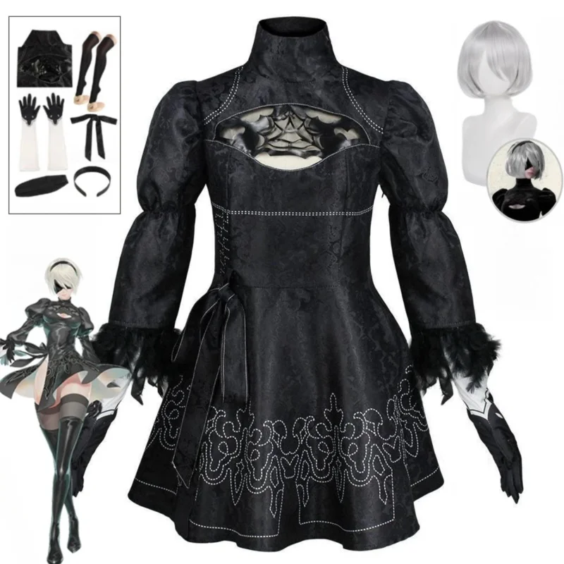 Nier Automata 2B disfraz de Cosplay para mujer, conjunto de juego de rol femenino, disfraz de niña, vestido de fantasía para fiesta de Halloween