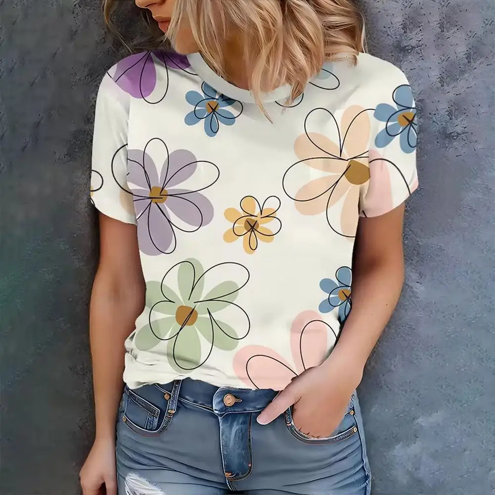 

Women's Floral Print T-Shirt Summer Simple Fresh Casual Short-Sleeve Shirt Y2K Everyday Street Style Breathable Crew Neck Top