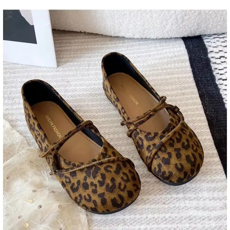 Woman Fashion Leopard Print Flat Shoes Round Toe Shallow Mouth Single Shoes 2025 Spring Outdoor Comfort Soft Sole Ballet Shoes