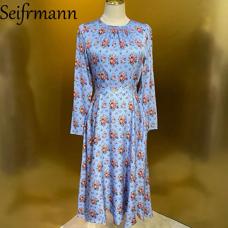 

Seifrmann 2026 Spring New Women's Dress O-Neck Long Sleeved Floral-Print Silk Slim Dresses
