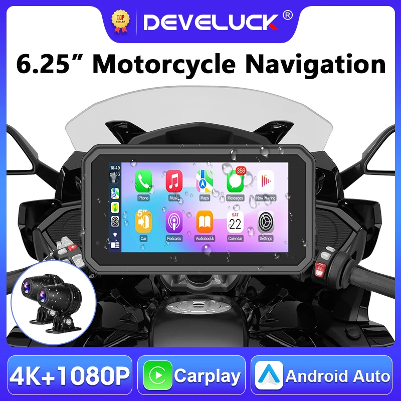 

6.25" Motorcycle GPS Navigation Wireless Carplay Android Auto IPX7 Waterproof Dual BT Moto Dash Cam Support 4K+1080P TPMS