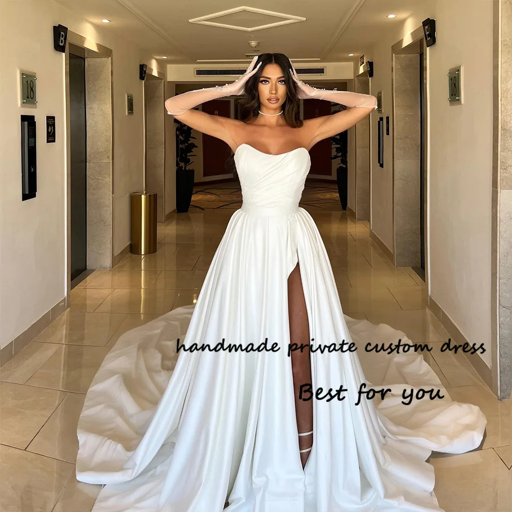 

White Satin A Line Wedding Dresses for Bride Sexy Leg Split Sweetheart Beach Bridal Gowns with Train Long Wedding Dress