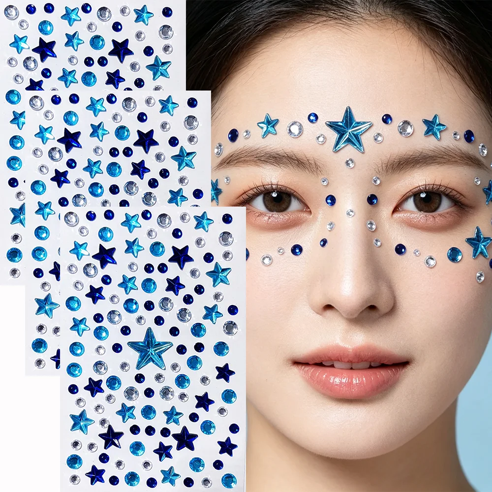 1/2/3Pcs 3D Blue Star Round Face Jewel Stickers Mixed Sizes Stars Self Adhesive Gem Tattoo Decal for Festival Party Stage Makeup