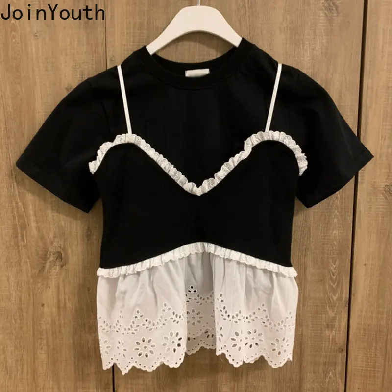 Fashion Two Piece Sets Women\'s Clothing O-neck Short Sleeve Crop Tshirts Patchwork Lace Vest Outfits Casual Korean Summer Suit