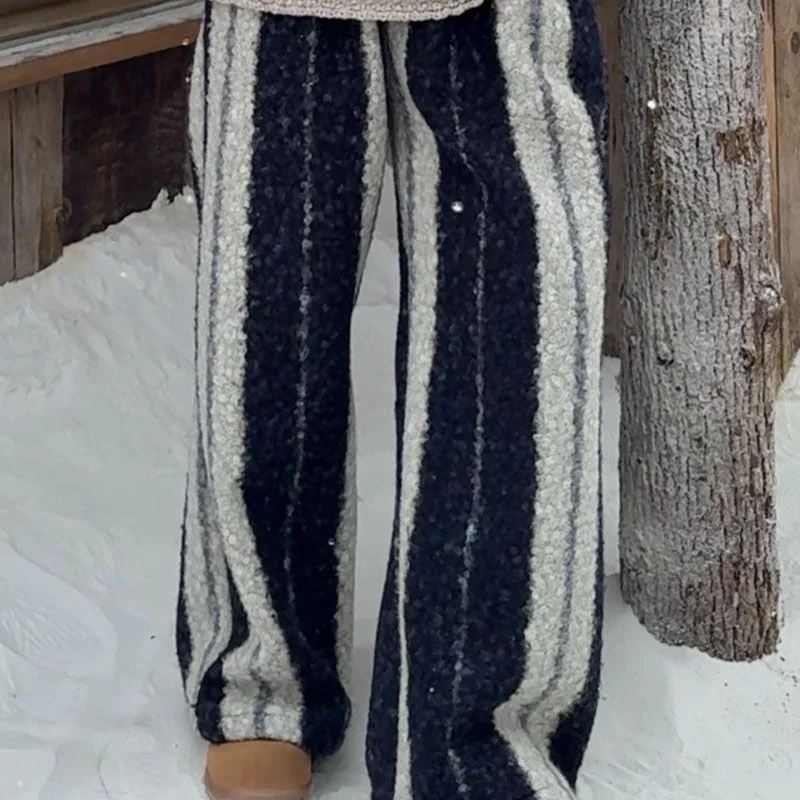 

Утолщенные зимние новые свободные длинные брюки в стиле ретро с ленивой полосой, утепленные двусторонние вязаные широкие брюки