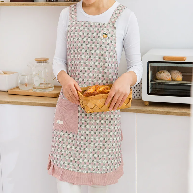 Korean version apron with floral patterns for household kitchen cooking, summer breathable and oil resistant work clothes