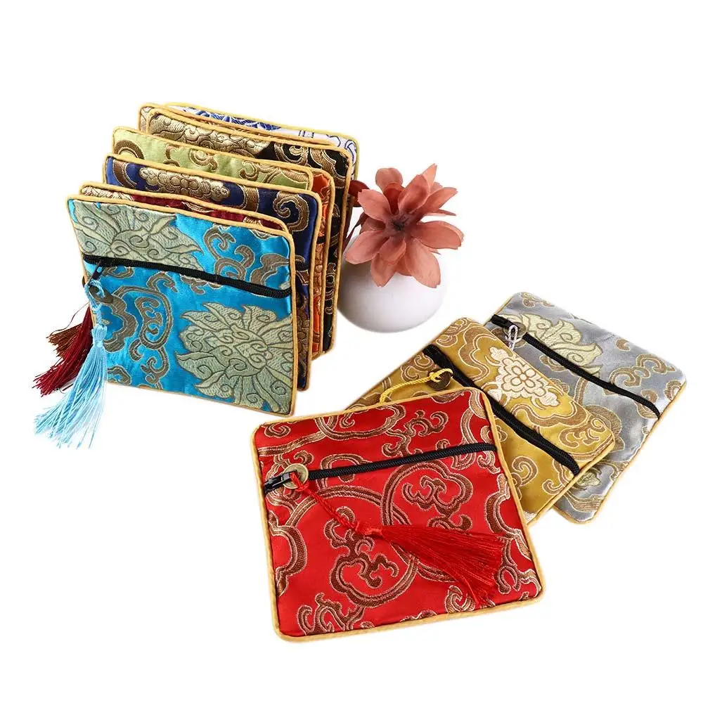 Chinese Brocade Silk Coin Purse Pouch Square Embroidery Small Jewelry Gifts Storage Pouch Zipper Bag with Tassel