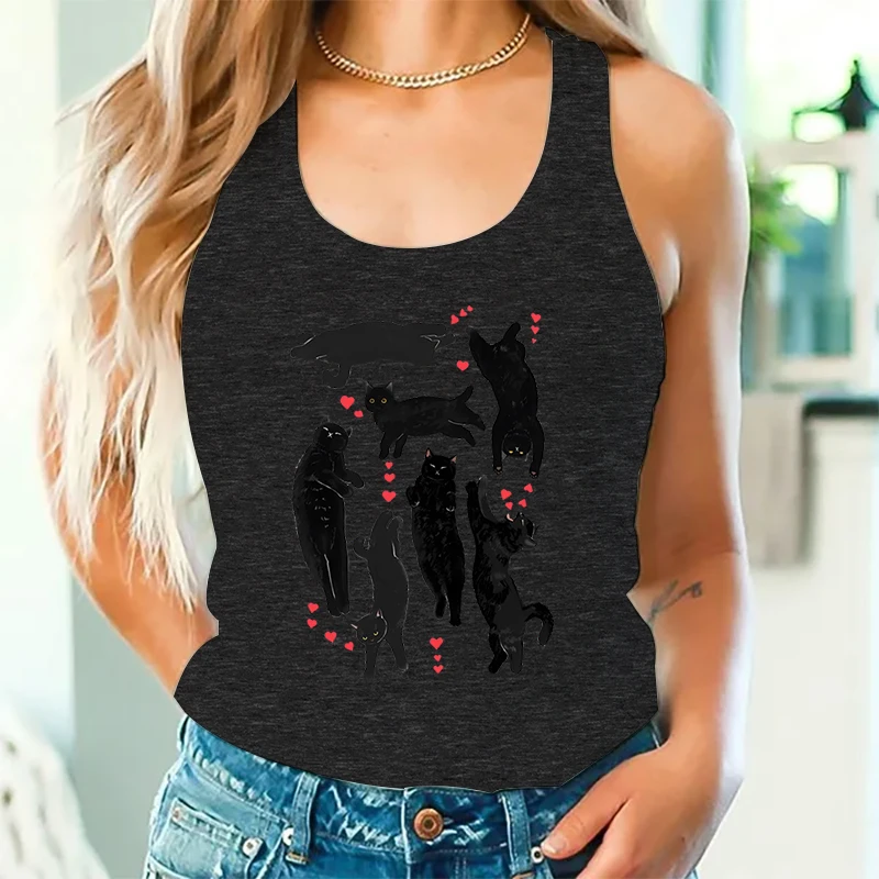 Cute Kittens Valentine Sexy Tops Fashion Woman Racerback Tank Top Valentine Black Cat Lover Gift Cat Mom Holiday Fashion Tanks