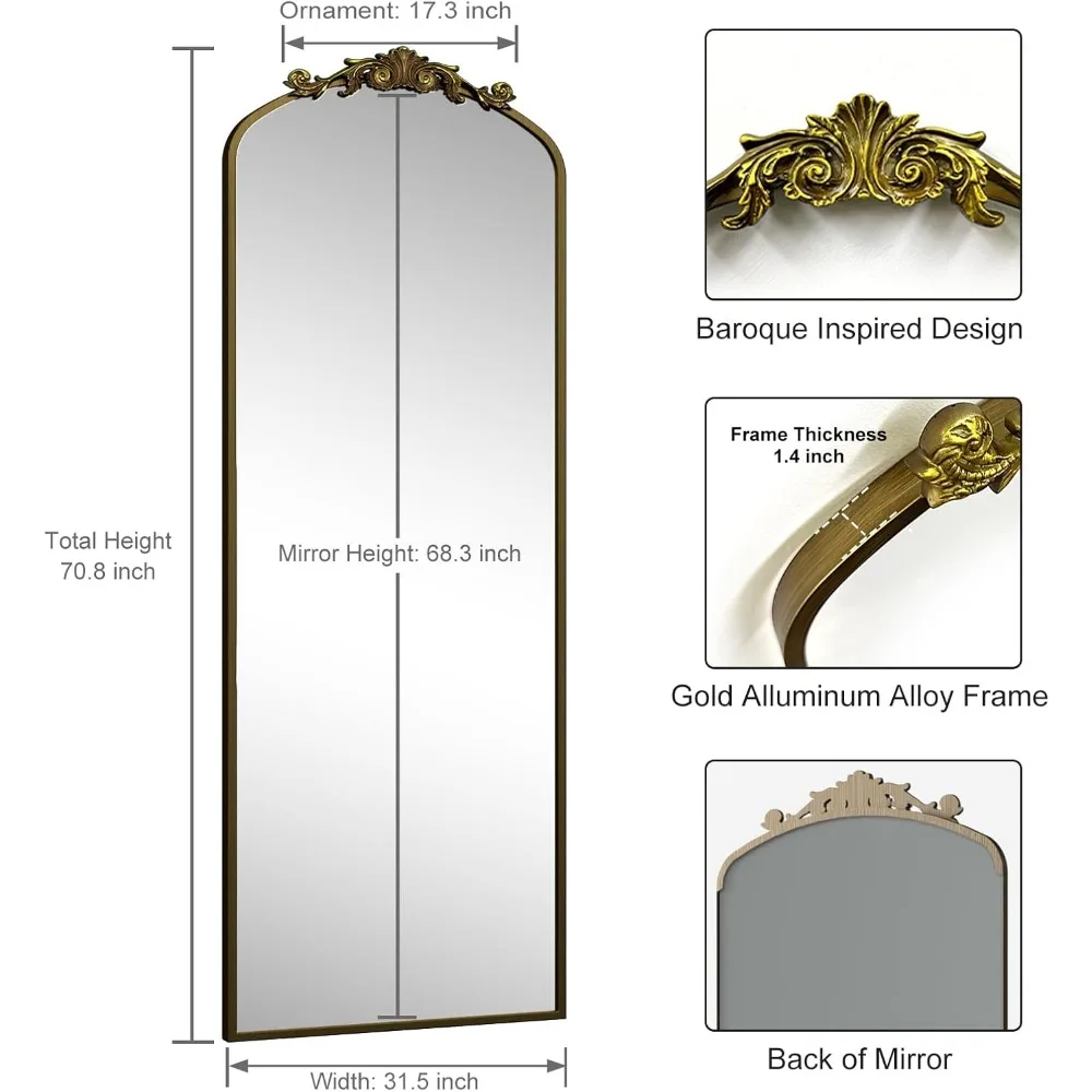 Espejo de cuerpo entero con arco dorado 71x32, espejo de cuerpo vintage de inspiración barroca para pared, espejo de suelo adornado para vestidor