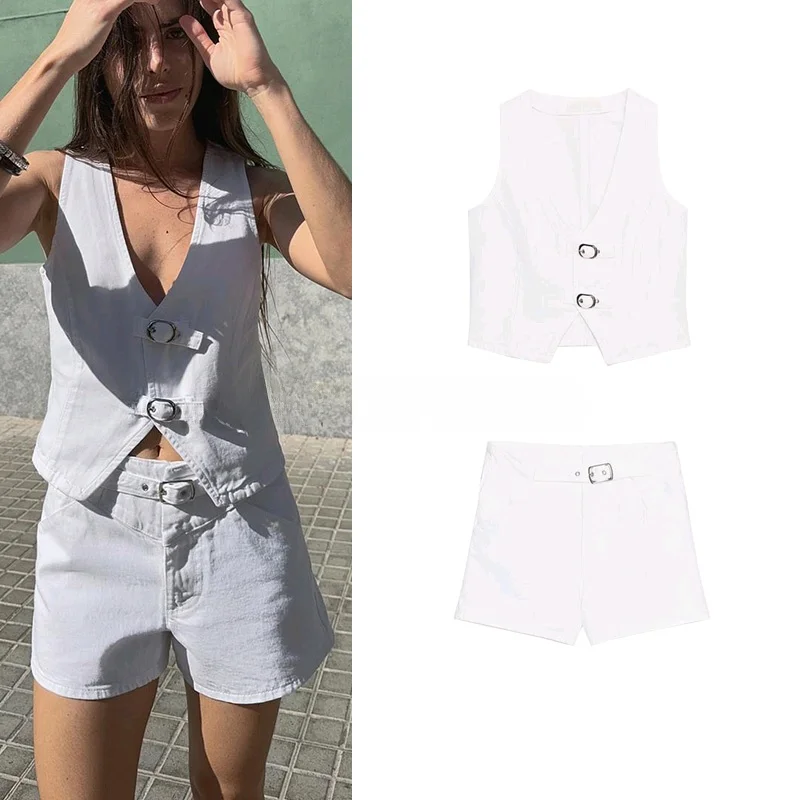 

Casual V-ne Button Decorated Denim Vest And orts Set Summer 2025 Faion Women's Clothing ort Sve Button Front Detail