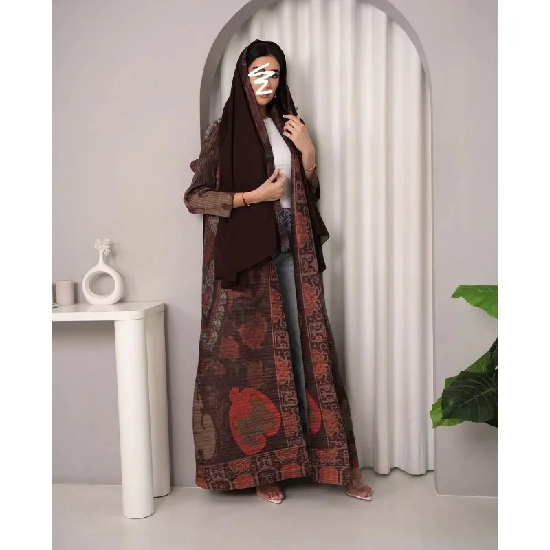 Women Abaya Vintage Printed Original Design Lapel Long Sleeved Cardigan Loose Big Collar Tied Arabian Female Luxury Abaya 2025