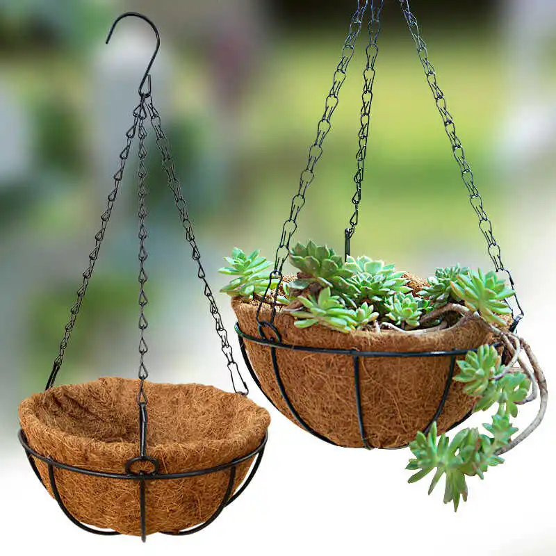 Coconut Fiber Hanging Planter, Semi-Circular Hanging Basket, Breathable Iron Art Flower Pot, Suspended Basket for Garden Use