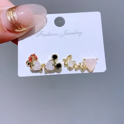 4pcs/set Small Love Heart Mouse Cartoon Stud Earrings Gold Color Women Girls Cubic Zircon Gift Jewelry