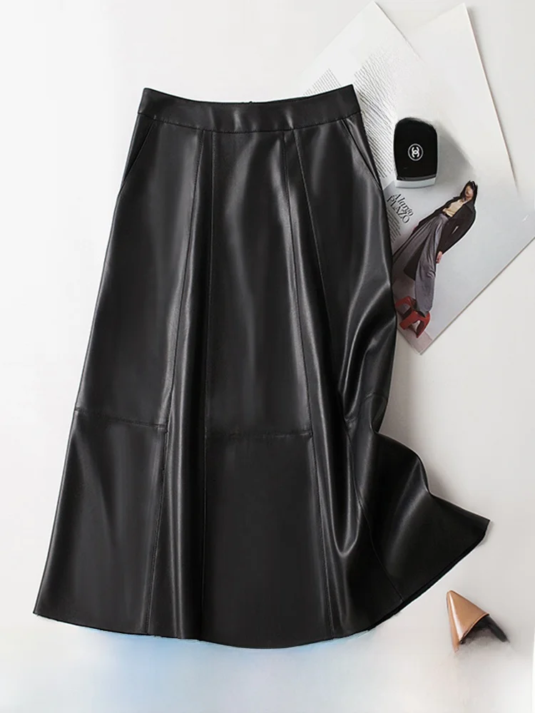 

Faionable High Waist A-Line Skirt Women's Mid-Length Leather Skirts Spring Autumn Season Commute Sle Zipper Splice P...