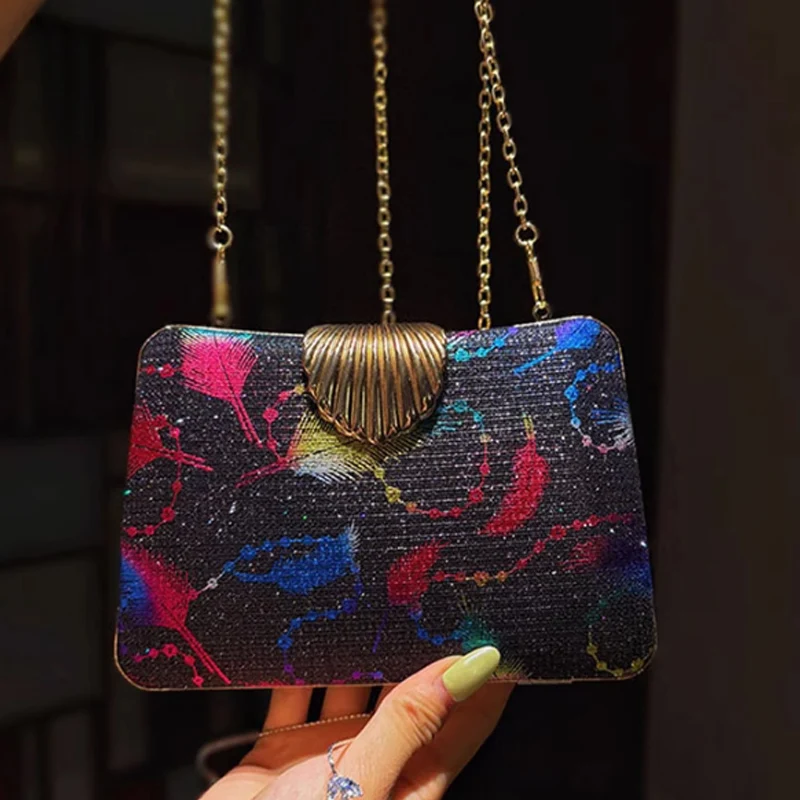 

New Fashion Feather Printed Chain Handbag Banquet Bag Cross Side Small Square Bag Clutch Bag