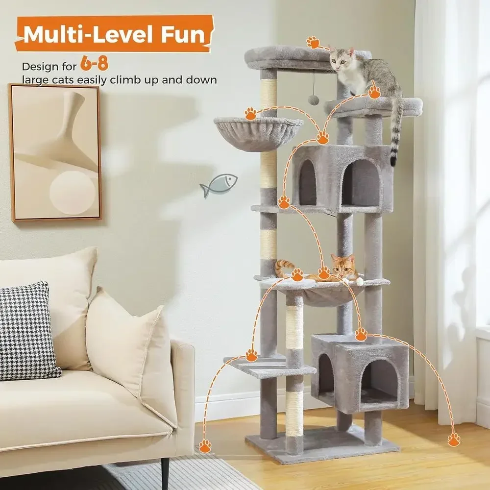 69 Large Indoor Cat Tower with Hammock, Scratching Posts, Condo House, and Top Perch for Tall Cats - Grey