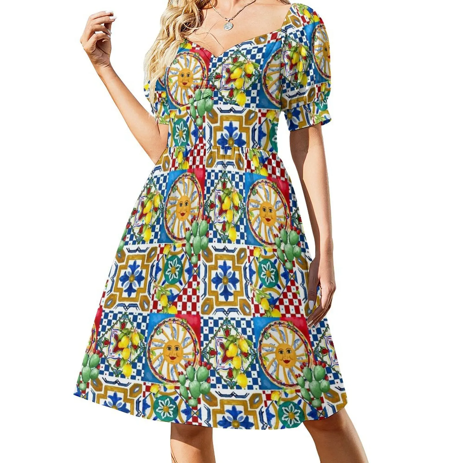 Sicilian tiles,mediterranean,mosaic,lemons, Short Sleeved Dress Beachwear dress Dress