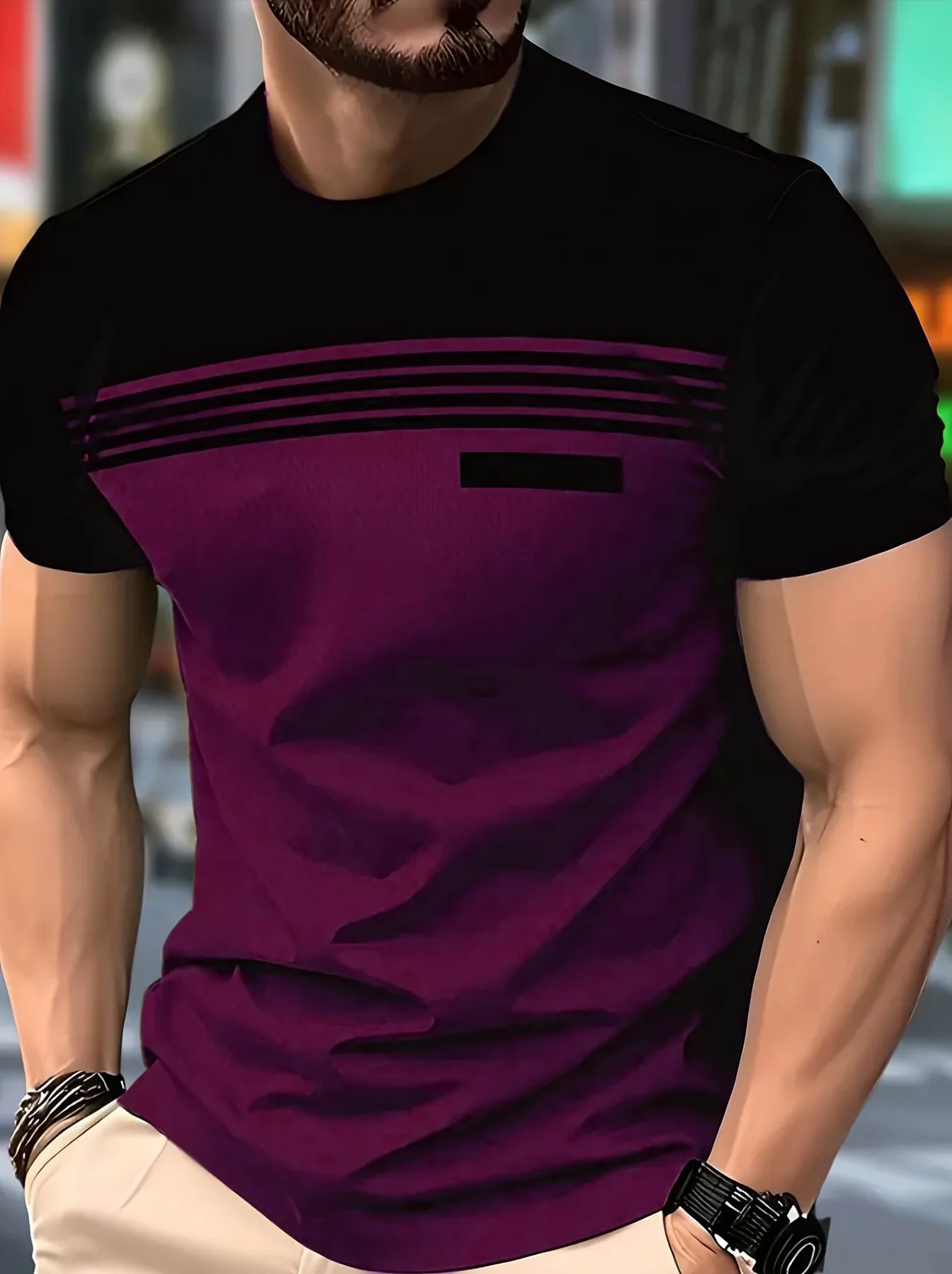 Men Contrast Color Horizontal Stripe Splice Short Sleeve T‑Shirt Crew Neck Daily Casual Tees