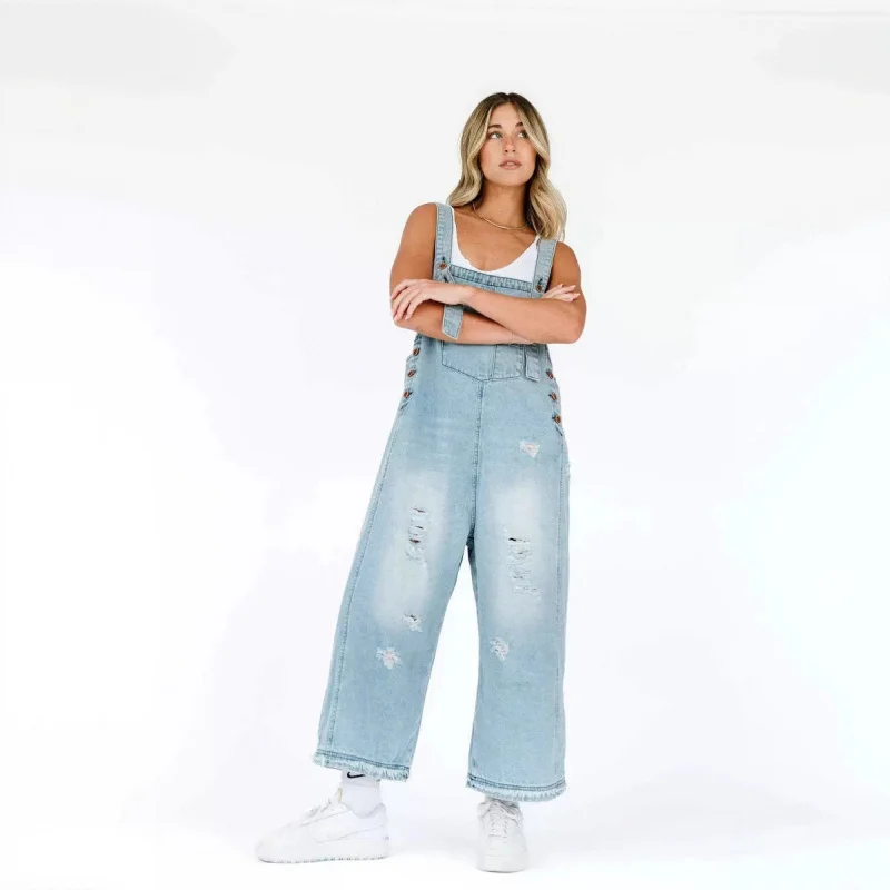 

Fashion Retro Make Old Ripped Loose Wide Leg Comfortable Leisure Suspender Suspender Pants Women