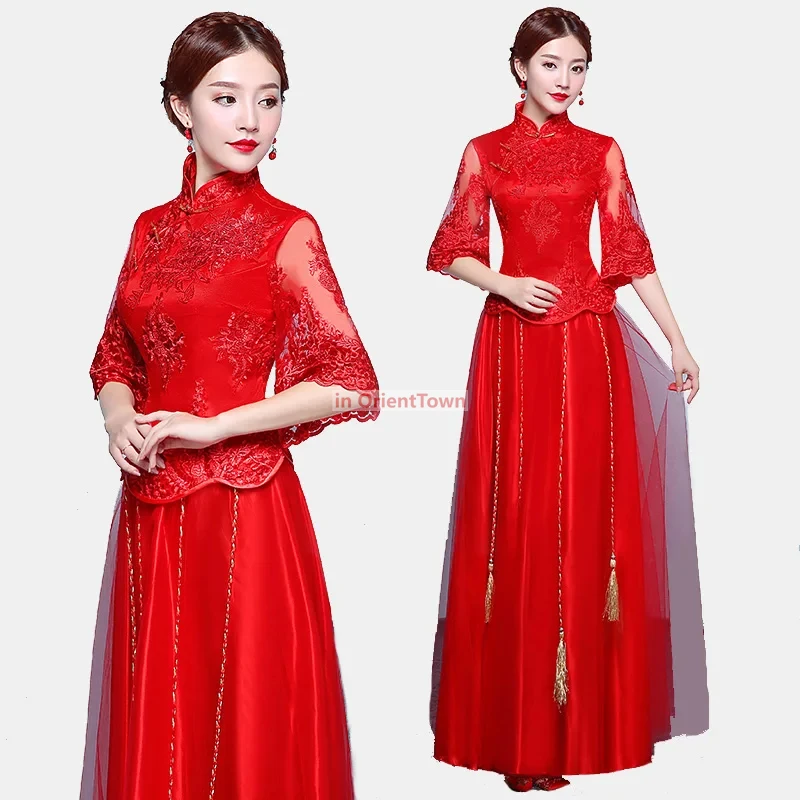 Dame Rot Qipao Traditionelle Chinesische Kleidung Orientalisches Hochzeitskleid alte Vestidos Asiatische Braut Ehe Cheongsam Anzug