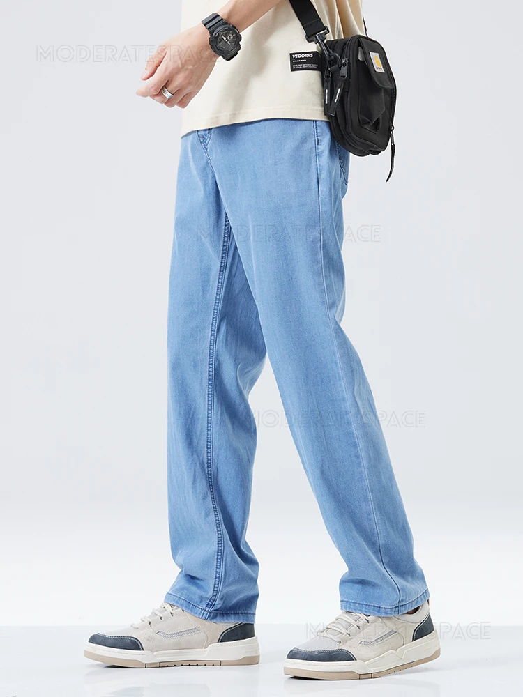 Lyocell Thin Jeans Men's Spring Summer Loose Breathable Cool Drape Denim Pants Classic Straight Work Business Casual Trousers