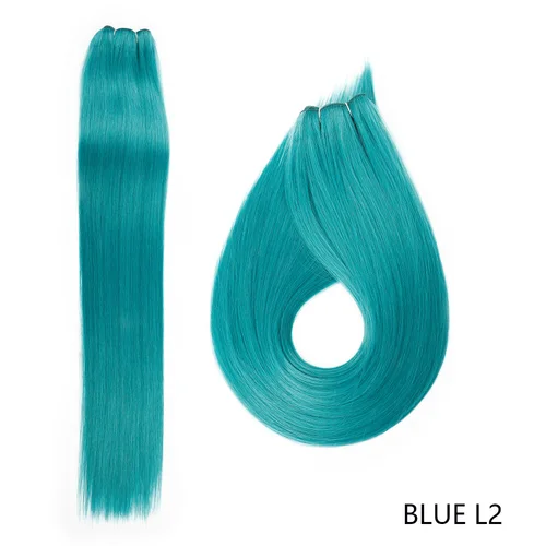 Imagen 2 del producto Mechones de pelo liso azul, extensiones de cabello Natural de salón, fibra falsa, pelo liso Yaki sintético colorido, tejido completo hasta el extremo