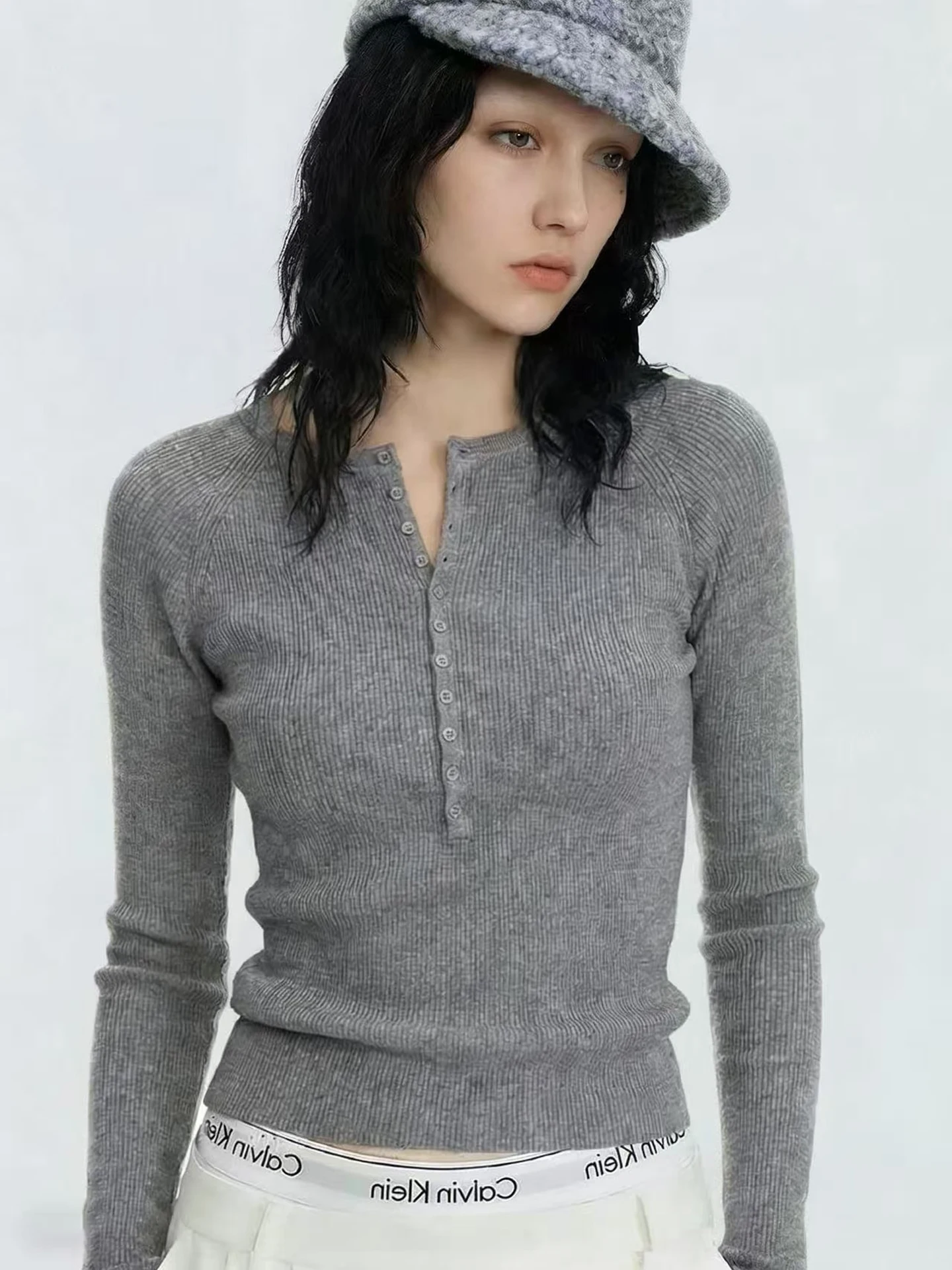 Gray Vintage Style Knitted Sweater Women's Spring Long Sleeve Henry Collar Inner Wear Slim Fit Base Shirt French Style Medium...